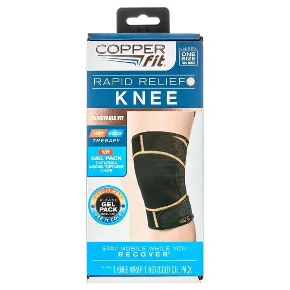 Copper Fit® Rapid Relief Knee Compression Wrap Brace with Hot and Cold Therapy, Adjustable, Black