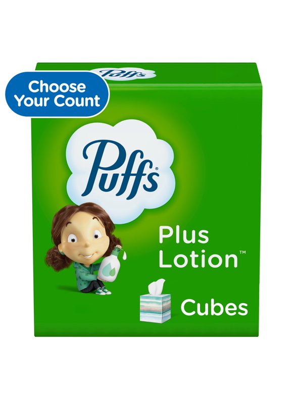 Puffs Plus Lotion Facial Tissue, Mega Cube Box, 72 Tissues Per Box, 4 Count