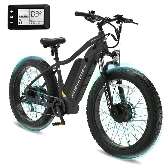 LILYPELLE Adult Electric Mountain Bike AWD with 26"x 4"Fat Tire, 48V 15Ah dual battery, 500W dual motor，19.98MPH  7-Speed for City Touring Trail Off-Road Hunting,80miles