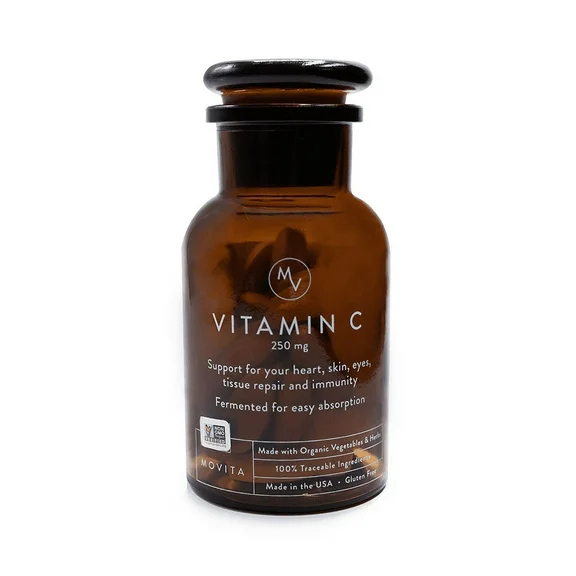 Movita Fermented Vitamin C 250mg Bottle - Whole Food, Organic, Vegan, No Gluten, Non-GMO, 30 Day Use