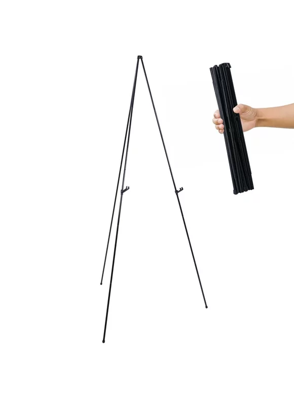U.S. Art Supply 63" High Steel Easy Folding Display Easel, Instantly Collapses, Adjustable Display Holders, Portable