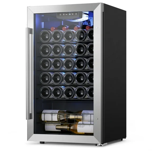 Yeego 32 Bottle Wine Refrigerator Cooler Compact Freestanding Wine Cellars,Glass Door