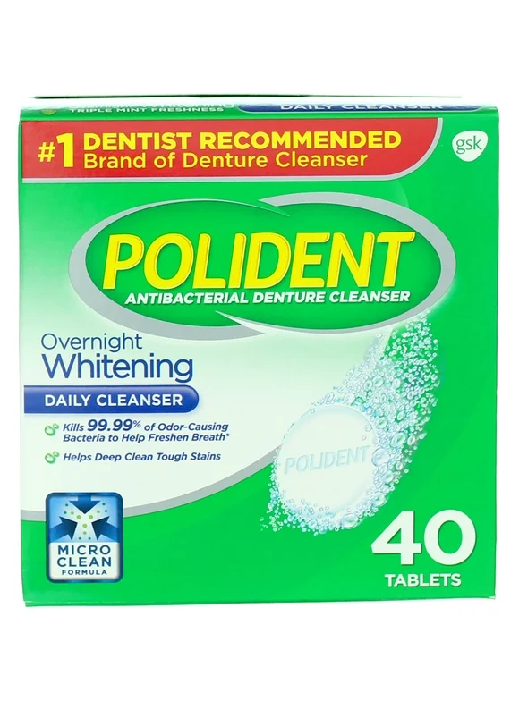 Polident Overnight Whitening, Antibacterial Denture Cleanser, Triple Mint Freshness 40 ea (Pack of 2)