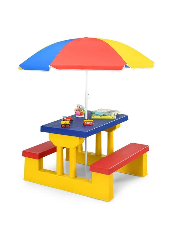 Costway Kids Picnic Table Set W/Removable Umbrella Indoor Outdoor Garden Patio