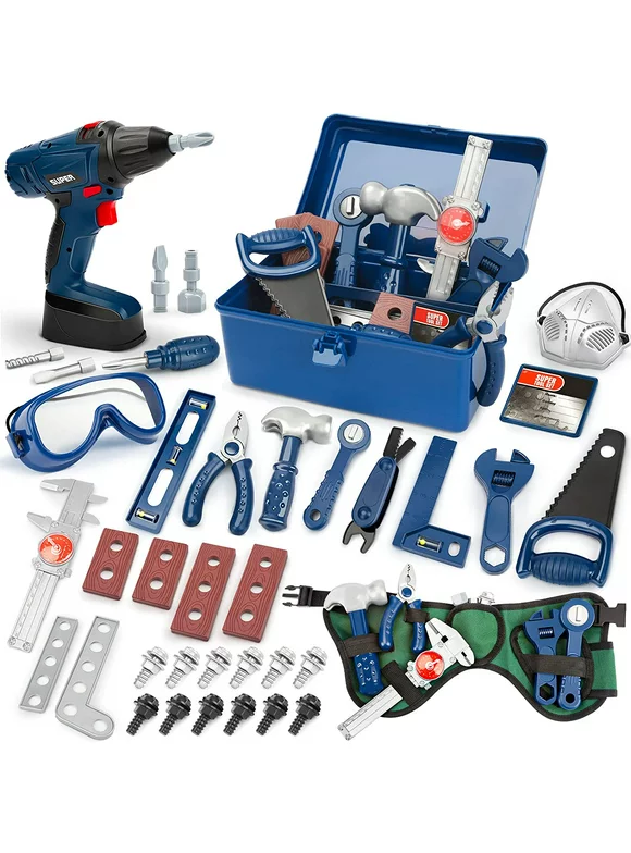 Vanplay Kids Tool Set 52Pcs Pretend Play Tools Kit with Electronic Toy Drill, Kids Tool Belt, Tool Box for Toddlers Boys Girls Ages 3 4 5 6 7 Years Old
