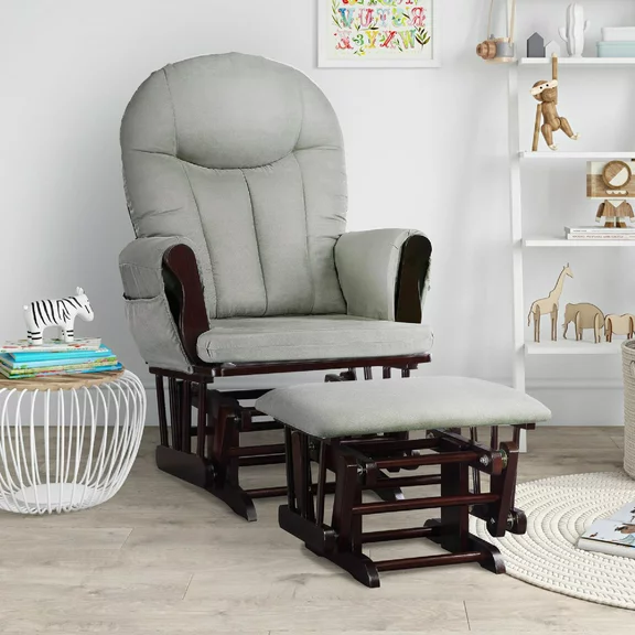 Baby Relax Huntington Glider Rocker with Storage and Ottoman, Espresso Finish with Gray Cushions
