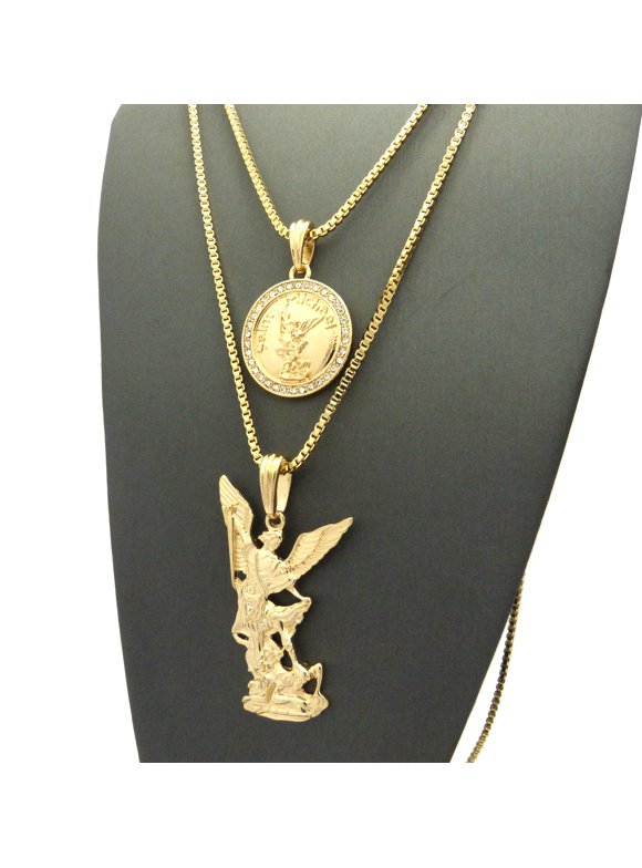Stone Stud Saint Michael Medal & Archangel Pendant Set 2mm 24" & 30" Box Chains in Gold-Tone