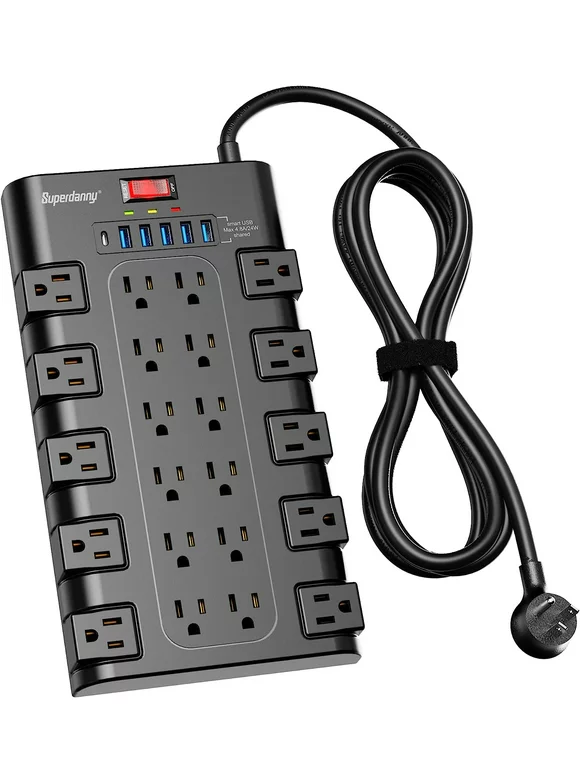 SUPERDANNY Power Strip Surge Protector 22 AC Outlets USB-C 6 USB Ports 6.5Ft Flat Plug Black