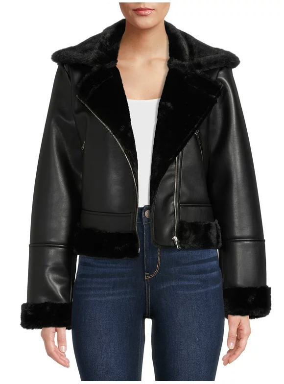 Mark Alan Women's and Women's Plus Size Faux Fur Lined Vegan Leather Moto Jacket