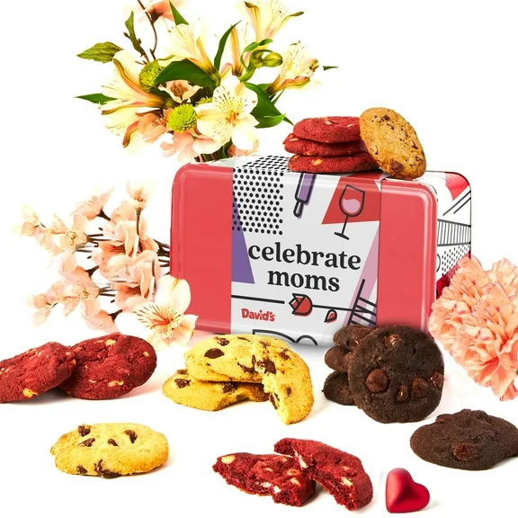 David’s Cookies Celebrate Moms Assorted Mini Cookies Sweet Sampler Tin - Fresh Baked Mini Bites w/Chocolate Chip, Chocolate & White Chocolate Chip & Red Velvet Flavors - Gourmet Mothers Day Gift 14oz