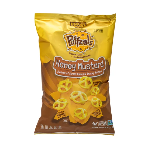 Unique Snacks - Honey Mustard Puffzels, 4.8 Ounce Bag, Pack of 6