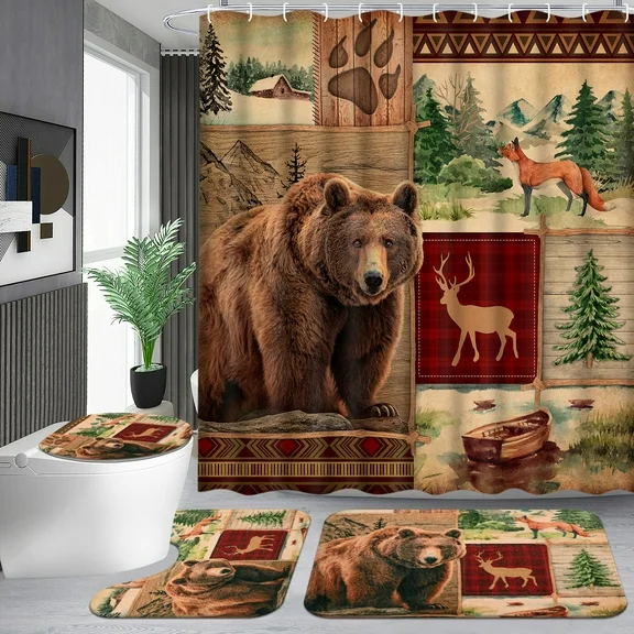 FRAMICS 16 Pc Rustic Bear Shower Curtain Sets with Rugs, Farmhouse Country Cabin Bathroom Sets, Brown Deer Waterproof Fabric Shower Curtain with 12 Hooks and Toilet Rugs