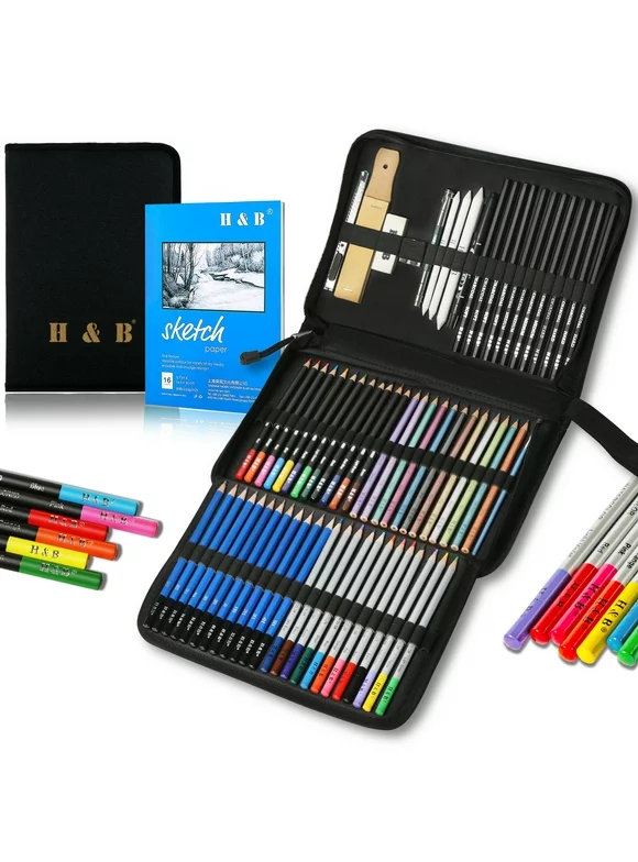 H&B 72PCS Drawing & Art Supplies Kit, Colored Sketching Pencils for Artists Kids Adults, Professional Art Pencil Set with Case, Sketchpad, Watercolor & Metallic PencilIdeal Beginners Coloring Set