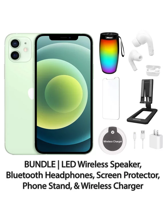 Refurbished Apple iPhone 12 128GB Green Fully Unlocked with LED Wireless Speaker, Bluetooth Headphones, Screen Protector, Wireless Charger, & Phone Stand