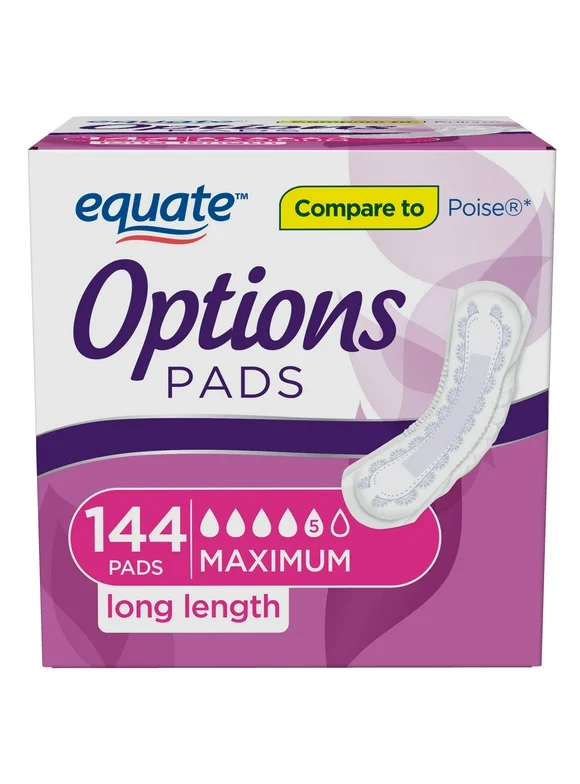 Equate Options Incontinence Pads for Women, Maximum, Long, 144 Count