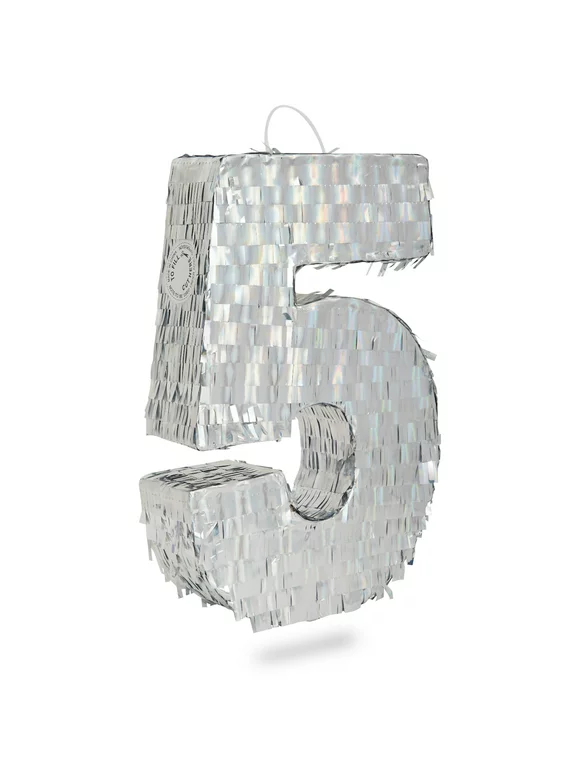 Small Holographic Silver Foil Number 5 Pinata for Kids Birthday Party Decorations (15.7x9x3 in)