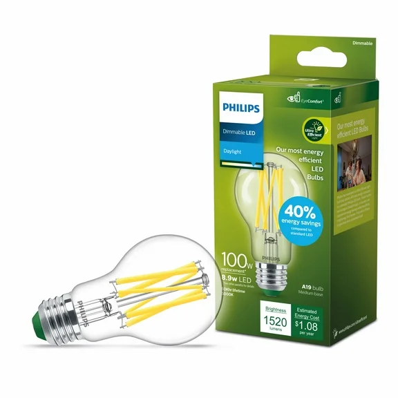 Philips Ultra Efficient, A19 Clear Dimmable, EyeComfort Technology, 800 Lumen, 5000K Daylight, T20, E26 Base, 100W equivalent, 1PK