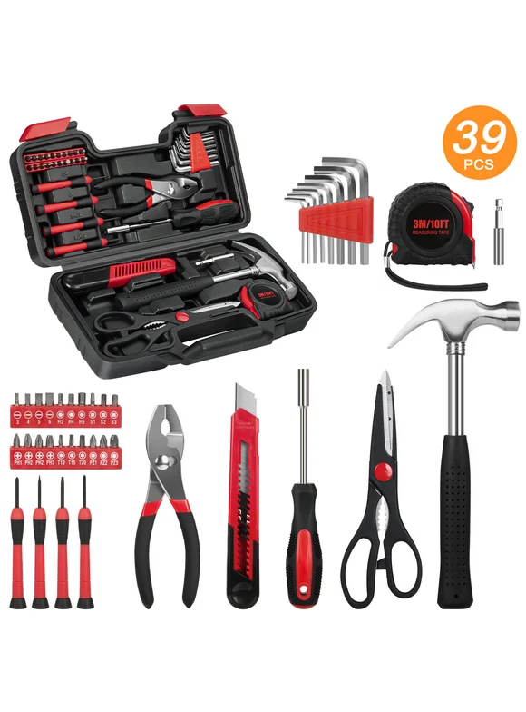 39 Piece Tool Sets All Purpose Household Tool Kit, General Basic Home Tool Set with Toolbox Great for Girls, Ladies and Women, Household Hand Kit for Home Garage Office College Dormitory Use, Red
