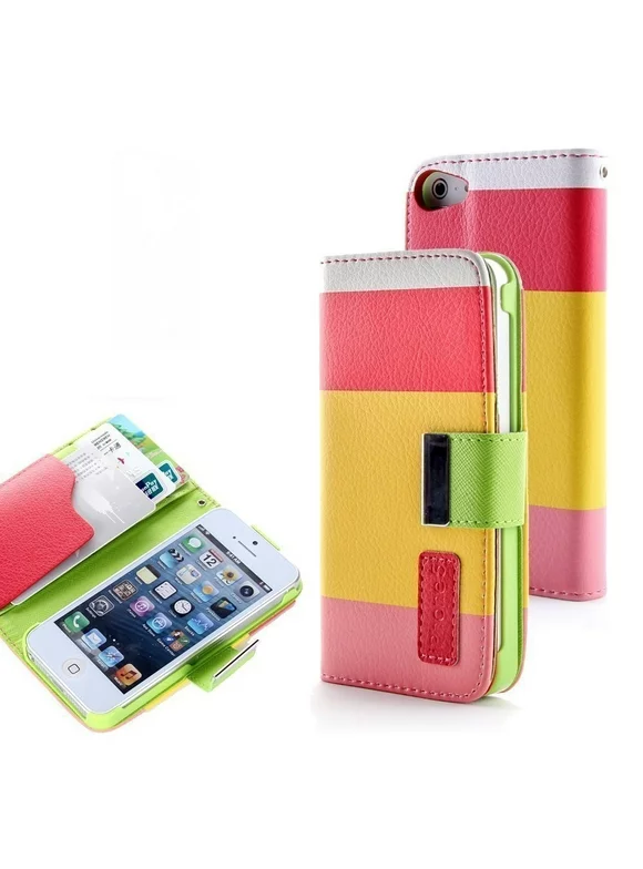 Leather Wallet Case for iPhone 5 / 5S - Red/Yellow/Pink
