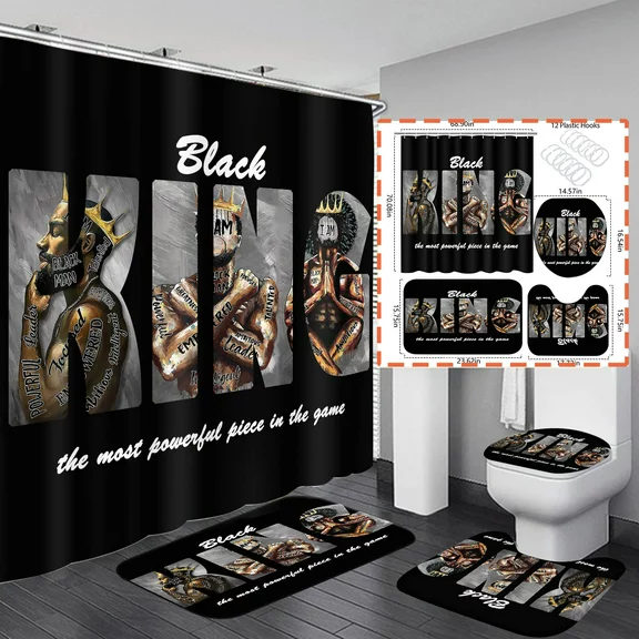 FRAMICS Black Kings Shower Curtain and Rug Sets, 16 Pc African American Man Bathroom Sets, Waterproof Fabric Shower Curtain with 12 Hooks and Toilet Rugs