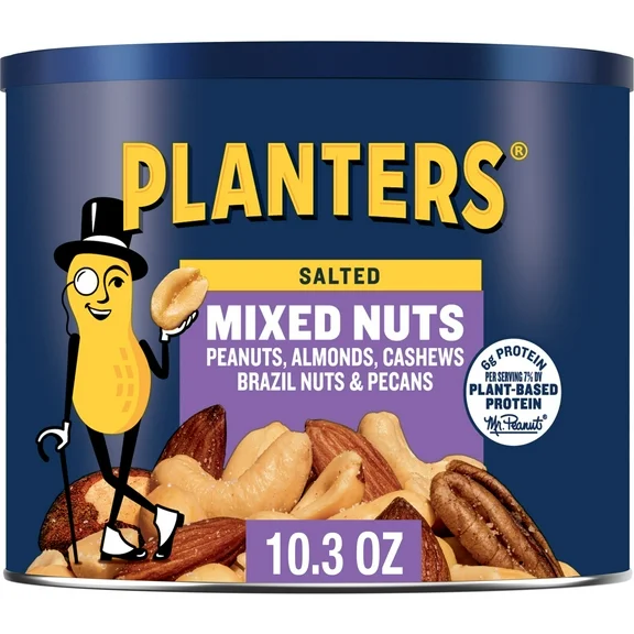 PLANTERS Salted Mixed Nuts, Party Snacks, Plant-Based Protein 10.3oz (1 Canister)