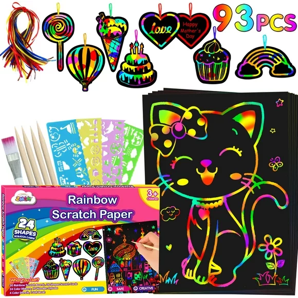 ZMLM 93Pcs Rainbow Scratch Paper Art for Kids Paper Scratch Magic Drawing Kit Toy, Arts and Crafts for Kids,Gifts for 3-12 Year old Boys Girls