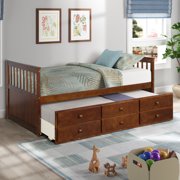 Clearance! Trundle Bed for Kid's Room, Farmhouse Style Twin Captain's Bed with Trundle and 3 Storage Drawers, Solid Wood Daybed with Headboard and Footboard for Bedroom, Teens, 300lbs, Walnut, S329