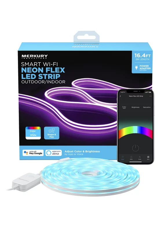 Merkury Innovations Smart Indoor and Outdoor Flex LED Multicolor Neon Strip Light, Weatherproof, RGBW, 16ft Length