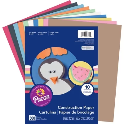 Pacon-1PK Rainbow Super Value Construction Paper Ream, 45 Lb Text, 9 X 12, Assorted, 500/Pack