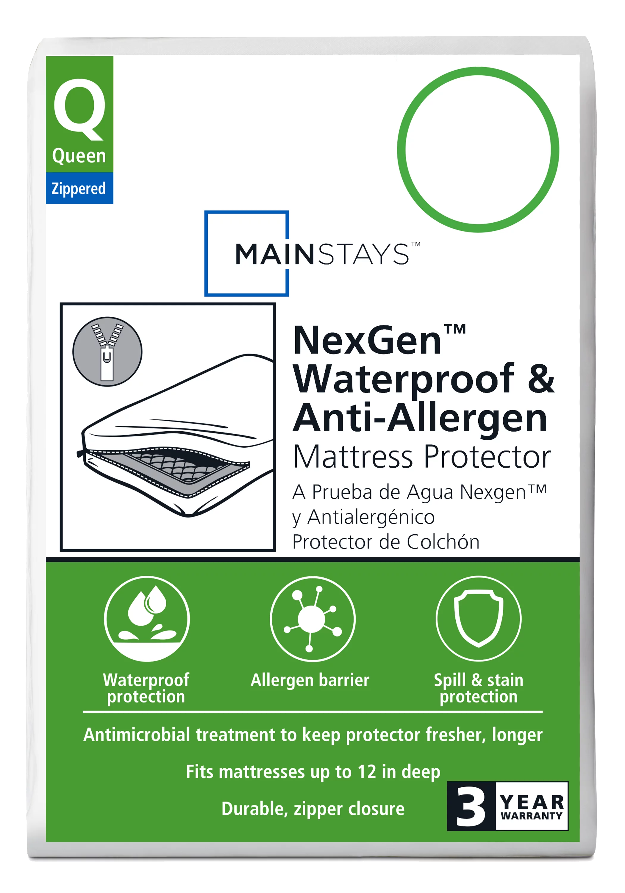 Mainstays NexGen Waterproof Anti-Allergen Zippered Mattress Protector, Queen