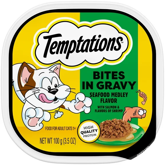 Temptations Seafood Medley Flavor Bites in Gravy Wet Cat Food, 3.5 oz. Tray