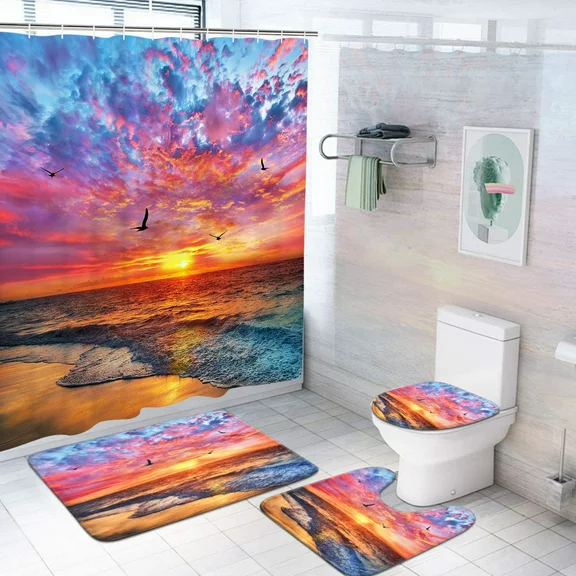 FRAMICS 16 Pc Beach Seagull Shower Curtain and Rug Sets, Purple Sunset Bathroom Sets, Waterproof Fabric Shower Curtain with 12 Hooks and Toilet Rugs