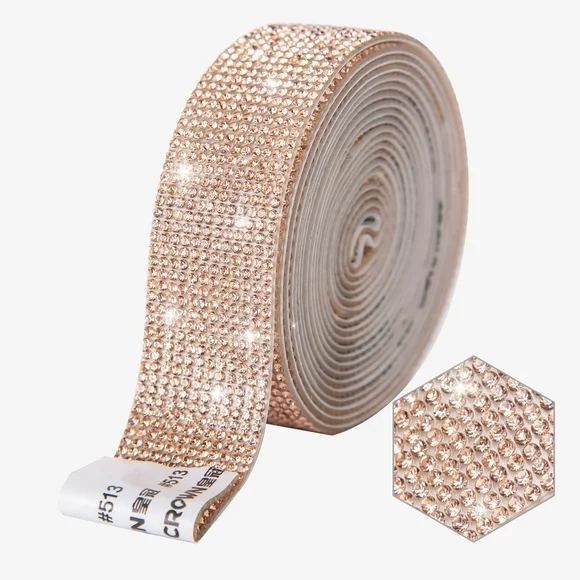 Self Adhesive Crystal Rhinestone Ribbon Sticker with 2mm Rhinestones for DIY Arts Crafts, Bling Diamond Gem Ribbon Roll(Champagne, 12 Rows, 2.5 Yards)