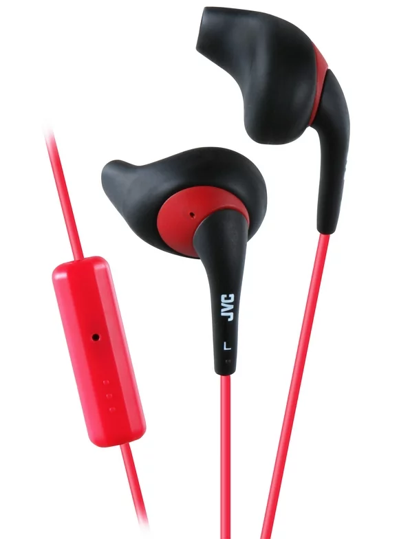 JVC Gumy Sport HA-ENR15 Earbuds - Nozzel Fit In Ear Headphones with Mic and Remote, Sweat Proof, 3.3ft Color Cord with Slim Plug (Black/Red)