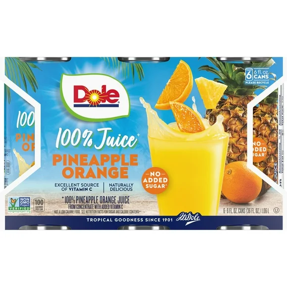 Dole All Natural 100% Pineapple Orange Juice, 6 fl oz (6 Pack)