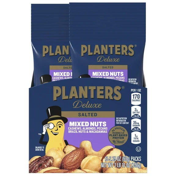 PLANTERS Deluxe Mixed Nuts, Protein Snack, 2.25 oz Plastic Bag (Pack of 12)
