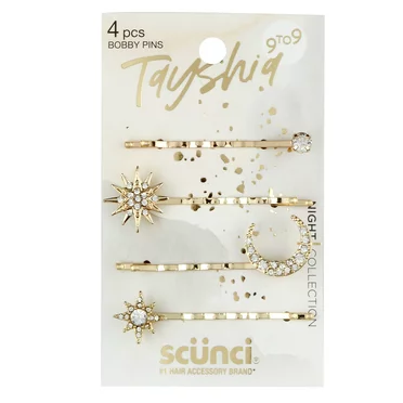 Tayshia by Scunci Rhinestone Celestial Design Bobby Hair Pins, Gold-Tone Metal, 4 Ct