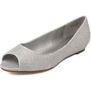 DREAM PAIRS Women's Fashion Peep Toe Flats Low Wedge Flats Slip On Shoes DORIES SILVER/GLITTER Size 6