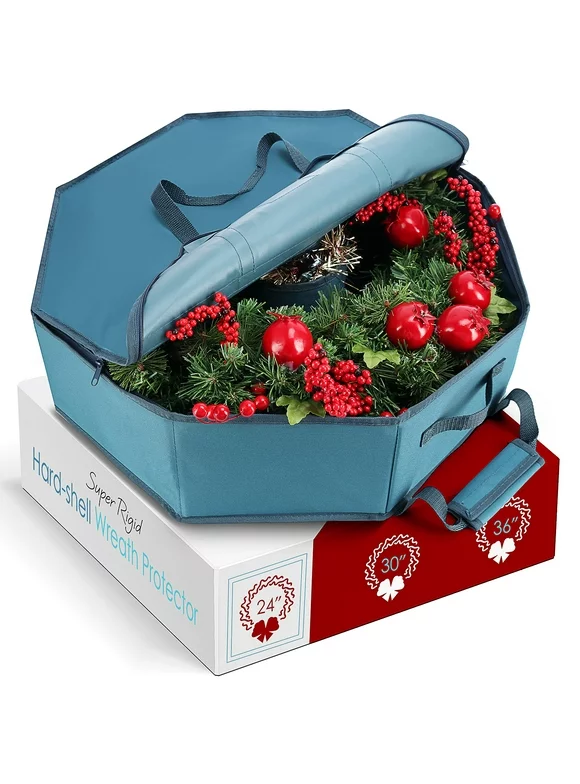 Hearth & Harbor Christmas Wreath Storage Container with Interior Pockets, Dual Zipper and Handles - Hard Shell Holiday 24" Wreath Storage Bag, Blue