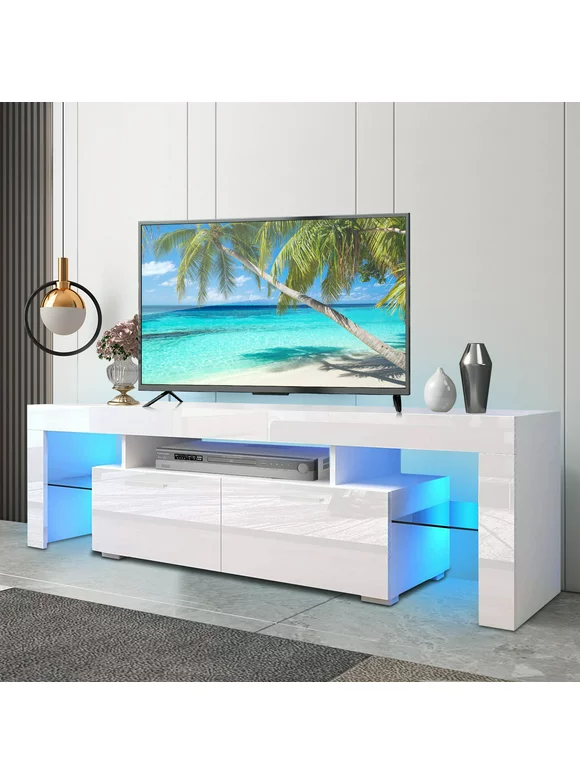 Paproos TV Stand for 70 Inch TV, Modern High Glossy TV Cabinet with 16 Colors LED Lights, Living Room TV Console Table with Storage Drawers and Glass Shelves, Entertainment Center, White
