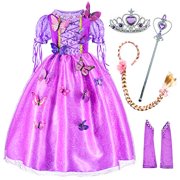Party Chili Princess Costume For Girls Party Dress Up With Long Braid And Tiaras Set Age Of 4-5 Years(110Cm) Purple Costume_Outfit
