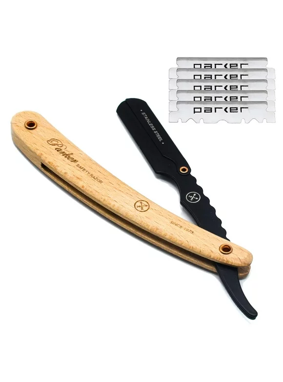 Parker SRP Pine Handle & Stainless Steel Arm Clip Type Straight Barber Razor with 5 Blades ** JUST INTRODUCED FOR FALL 2022 **