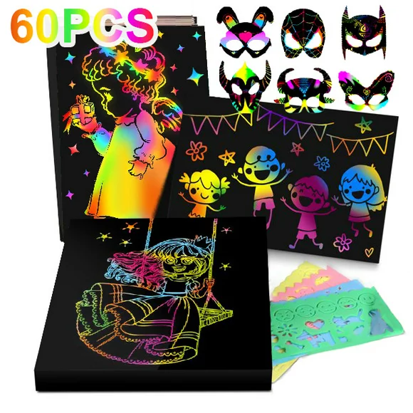 Scratch Art Paper Set for Kids, 66 Pcs Rainbow Magic Scratch off Paper Art Craft for Boys Girls Age 1 2 3 4 5
