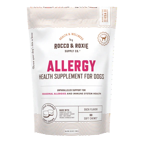 Rocco & Roxie Allergy Health Supplement Soft Chews for Dogs, Duck Flavor, 60 Count