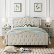 Noble House Vicki Fabric Tufted Upholstered Queen Bed, Ivory