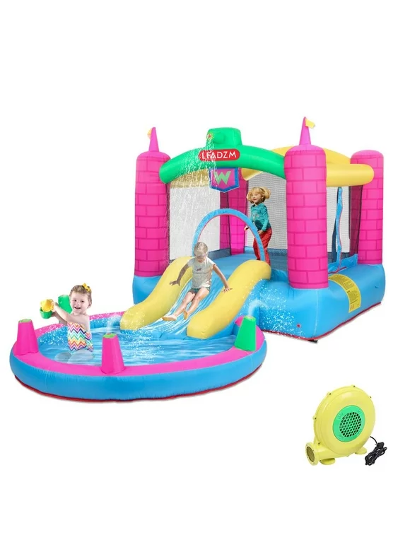 LEADZM Inflatable Bounce House for Kids Castle with Water Slide, 350W Blower