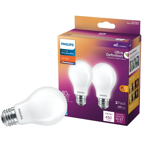 Philips Ultra Definition LED 40-Watt A19 Light Bulb, Frosted Soft White, Dimmable, E26 Medium Base (2-Pack)