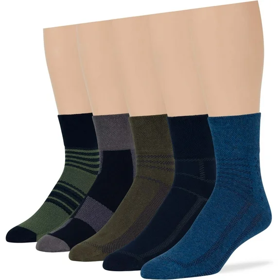 Men's Diabetic Cotton Quarter Socks - 5 Pack Large - Square Stripe Pattern - Sock Size 10-13 Shoe Size 9-12 L Denim Blue, Olive Green, Dark Grey, Black