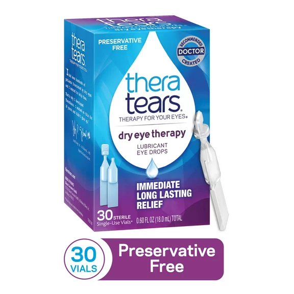 TheraTears Dry Eye Therapy Lubricating Eye Drops, Preservative Free, 30 Single-Use Vials