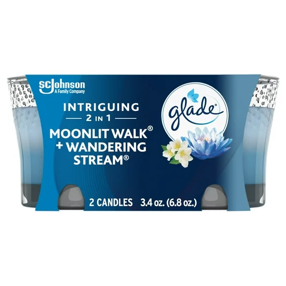Glade 2 in 1 Candle, Mothers Day Gifts, Moonlit Walk & Wandering Stream, Infused with Essential Oils, 2 Count